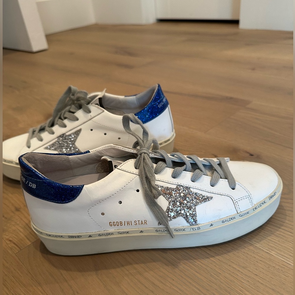 Golden Goose Hi Star silver glitter star, sparkly blue heel tab. Barely worn!